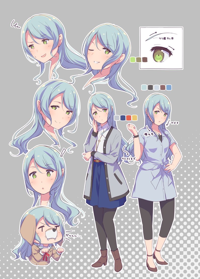 ! 1girl :o animal_ears ankle_strap aqua_hair ayasaka bang_dream! belt black_legwear blue_dress blue_skirt boots brown_footwear clenched_hand collared_dress collared_shirt color_guide commentary_request cropped_neck cropped_torso directional_arrow dog_ears dog_nose dress green_eyes grey_background grey_jacket grin halftone halftone_background hanasakigawa_school_uniform hand_on_hip hand_on_own_cheek hand_up high_heels hikawa_sayo jacket jewelry kemonomimi_mode leggings long_hair long_sleeves looking_at_viewer multiple_views neck_ribbon one_eye_closed outline pantyhose paw_pose pendant red_neckwear ribbon sailor_collar school_uniform shirt short_sleeves skirt smile squiggle sweatdrop translation_request v-shaped_eyebrows watch watch white_outline white_shirt