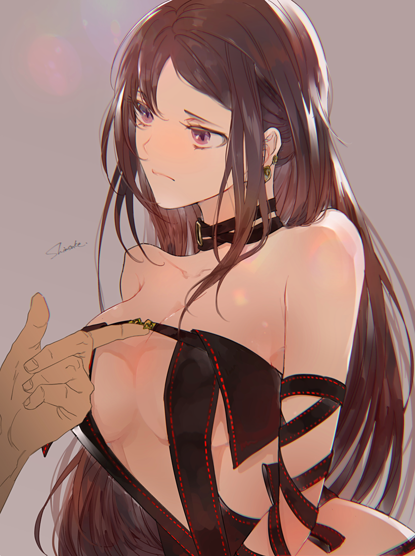 1boy 1girl bangs black_dress breasts brown_hair center_opening choker cleavage closed_mouth collarbone commentary_request consort_yu_(fate) dress earrings fate/grand_order fate_(series) jewelry large_breasts long_hair looking_at_another navel out_of_frame red_eyes shinsukeja sideboob strap_lift strapless strapless_dress very_long_hair