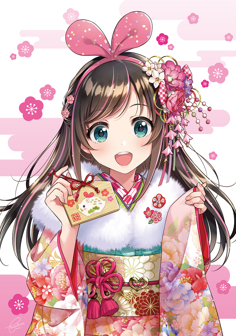 1girl :d a.i._channel blush brown_hair commentary_request egasumi ema fingernails floral_print flower fur_collar green_eyes hair_flower hair_ornament hair_ribbon hairband head_tilt holding japanese_clothes kimono kizuna_ai long_hair long_sleeves morikura_en multicolored_hair obi open_mouth pinching_sleeves pink_flower pink_hair pink_hairband pink_kimono pink_ribbon pink_rose purple_flower ribbon rose round_teeth sash smile solo streaked_hair teeth upper_body upper_teeth very_long_hair virtual_youtuber white_background white_flower wide_sleeves