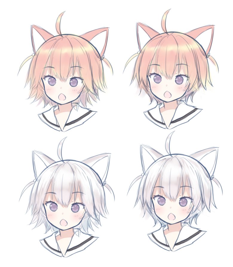 1girl ahoge animal_ears bad_id bad_twitter_id blush capriccio cat_ears eyebrows_visible_through_hair grey_hair looking_at_viewer messy_hair multiple_views open_mouth orange_hair original portrait sailor_collar short_hair simple_background two_side_up variations violet_eyes white_background white_sailor_collar