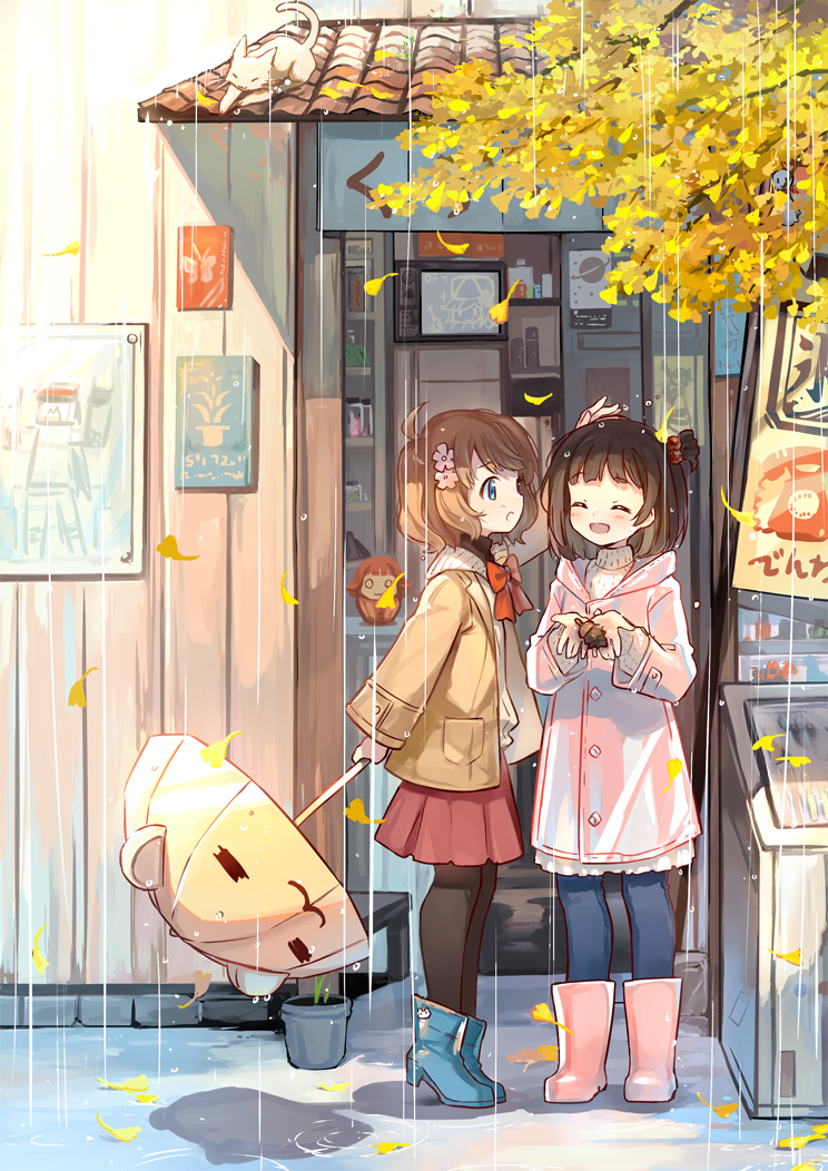 2girls :3 :d =_= ^_^ ahoge ankle_boots bangs black_hair black_legwear blue_eyes blue_footwear blue_pants blush boots brown_hair brown_jacket building closed_eyes closed_eyes commentary_request cupping_hands day eyebrows_visible_through_hair falling_leaves flower ginkgo_leaf hair_bobbles hair_flower hair_ornament hand_up high_heels holding holding_umbrella hood hooded_jacket idolmaster idolmaster_million_live! jacket kinoshita_neko leaf long_sleeves looking_at_another miniskirt multiple_girls nakatani_iku one_side_up open_clothes open_jacket open_mouth outdoors pants pantyhose petting pink_flower pink_footwear pink_jacket plant pleated_skirt potted_plant profile rain red_skirt short_hair skirt smile suou_momoko sweater tareme tree_branch umbrella water