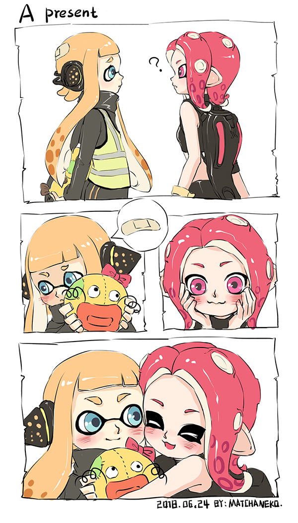 2girls ? agent_8 artist_name band_aid black_shirt black_shorts blue_eyes blush comic commentary dated domino_mask fangs hands_on_own_face hug ink_tank_(splatoon) inkling makeup mascara mask matchaneko multiple_girls octoling orange_hair pink_eyes pointy_ears redhead shirt shorts splatoon splatoon_(series) splatoon_2 splatoon_2:_octo_expansion squidbeak_splatoon stuffed_toy suction_cups tentacle_hair yellow_coat yuri