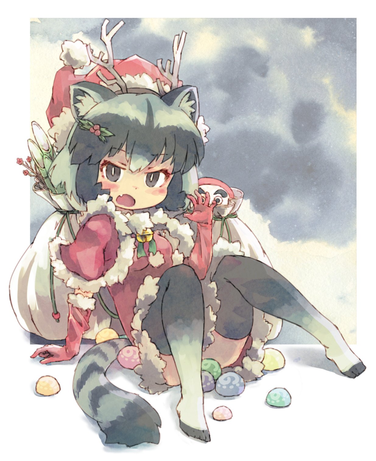 1girl alternate_costume animal_ears antlers bell bell_collar blush collar commentary_request common_raccoon_(kemono_friends) elbow_gloves eyebrows_visible_through_hair fake_antlers fang food fur_trim gloves gradient_legwear grey_hair hat highres japari_bun kemono_friends kolshica mistletoe multicolored_hair no_shoes open_mouth raccoon_ears raccoon_tail reindeer_antlers sack santa_costume santa_hat short_hair sitting solo tail thigh-highs white_hair zettai_ryouiki