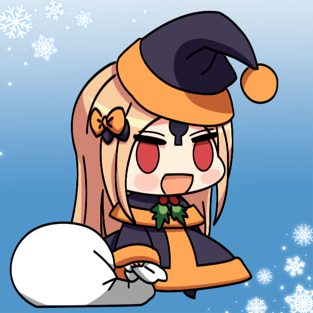 1girl :d abigail_williams_(fate/grand_order) alternate_costume bangs black_bow black_capelet black_dress black_hat blonde_hair blush_stickers bow capelet chibi dress eyebrows_visible_through_hair fate/grand_order fate_(series) full_body hair_bow hat holding holding_sack keyhole long_hair long_sleeves looking_at_viewer maximilian-destroyer meme open_mouth orange_bow padoru parted_bangs red_eyes sack santa_costume santa_hat sleeves_past_wrists smile snowflakes solo very_long_hair wide_sleeves