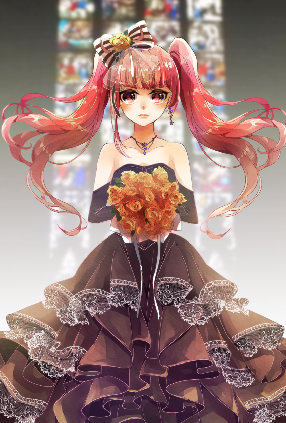 1girl bangs black_dress black_gloves bleach bouquet bow collarbone dokugamine_riruka dress earrings elbow_gloves floating_hair flower gloves hair_bow holding holding_bouquet indoors jewelry layered_dress long_dress long_hair looking_at_viewer necklace orange_flower pink_eyes pink_hair sleeveless sleeveless_dress solo standing strapless strapless_dress striped striped_bow twintails umi_(pixiv6861961) very_long_hair yellow_bow