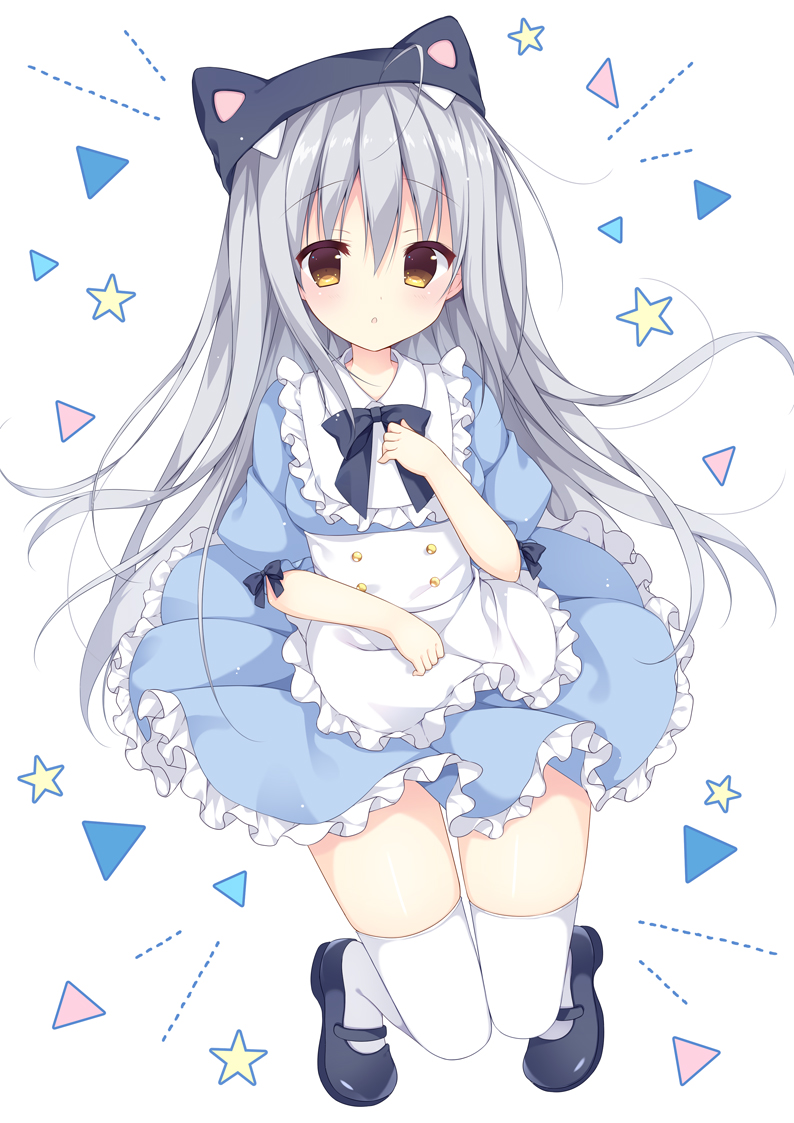 1girl ahoge animal_ears animal_hat apron bangs black_bow black_footwear black_hat blue_dress blush bow brown_eyes cat_ears cat_hat commentary_request dress eyebrows_visible_through_hair frilled_apron frilled_dress frills full_body grey_hair hair_between_eyes hand_up hat izuminanase long_hair looking_at_viewer mary_janes original parted_lips pleated_dress puffy_short_sleeves puffy_sleeves shoes short_sleeves simple_background solo star thigh-highs very_long_hair waist_apron white_apron white_background white_legwear zettai_ryouiki