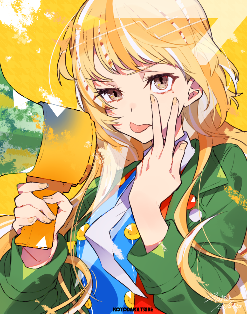 1girl bangs blonde_hair blue_shirt breasts brown_eyes colorful commentary_request eyelashes green_jacket hand_up highres holding holding_megaphone jacket long_hair long_sleeves looking_at_viewer megaphone mika_pikazo mole mole_under_eye nail_polish open_clothes open_jacket original shirt sidelocks solo tongue tongue_out uneven_eyes upper_body v-shaped_eyebrows w white_neckwear wing_collar yellow_background yellow_nails
