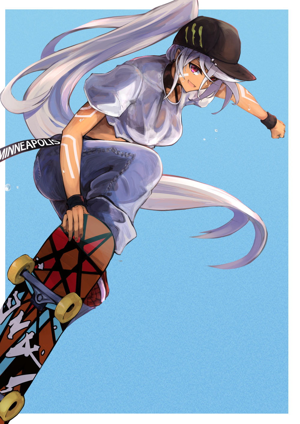 1girl azur_lane baseball_cap black_bra black_headwear blue_pants blue_sky body_markings bra breasts character_name crop_top cropped_shirt dark_skin day denim hair_between_eyes hat highres jeans jumping large_breasts logo logo_parody long_hair looking_at_viewer marshall2033 minneapolis_(azur_lane) minneapolis_(extreme_games)_(azur_lane) monster_energy open_mouth outdoors pants ponytail red_eyes red_footwear shoes short_sleeves silver_hair skateboard skateboarding sky smile sneakers solo sweat sweatband underwear