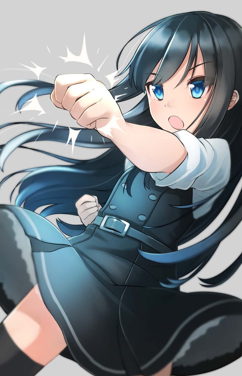 1girl asashio_(kantai_collection) belt black_hair black_legwear blue_eyes buttons comah cowboy_shot dress eyebrows_visible_through_hair grey_background hair_between_eyes highres kantai_collection long_hair neck_ribbon open_mouth pinafore_dress punching remodel_(kantai_collection) ribbon school_uniform shirt short_sleeves simple_background sleeves_rolled_up solo standing thigh-highs white_shirt