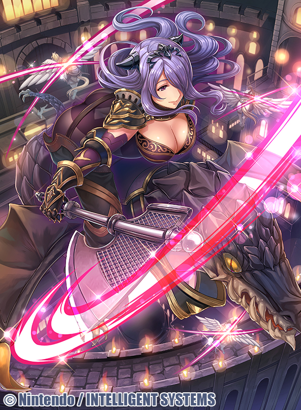 1girl armor ass axe black_gloves breasts camilla_(fire_emblem_if) castle cleavage company_name elbow_gloves fire fire_emblem fire_emblem_cipher fire_emblem_if fumi_(butakotai) gauntlets gloves hair_over_one_eye holding holding_axe horns large_breasts lizard long_hair nintendo official_art outdoors pegasus_knight purple_hair slashing smile solo very_long_hair violet_eyes wavy_hair yellow_sclera