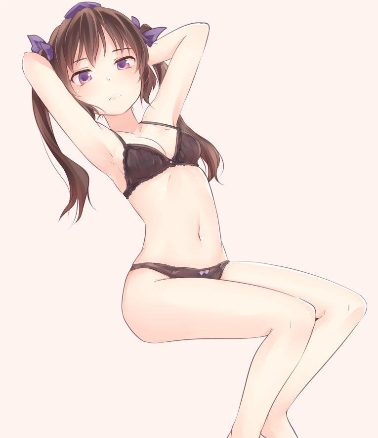 1girl armpits arms_behind_head arms_up bangs bare_arms bare_legs bare_shoulders barefoot beige_background black_bra black_panties blush bow bow_panties bra breasts brown_hair collarbone commentary_request feet_out_of_frame hair_bow hat himekaidou_hatate invisible_chair long_hair looking_at_viewer medium_breasts miyo_(ranthath) navel panties purple_bow simple_background sitting solo stomach thighs tokin_hat touhou twintails underwear violet_eyes