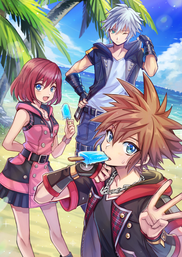 1girl 2boys beach belt blue_eyes blue_sky brown_hair clouds fingerless_gloves food food_in_mouth gloves hand_on_hip hood hooded_jacket jacket jewelry kairi_(kingdom_hearts) kingdom_hearts kingdom_hearts_iii looking_at_viewer multiple_boys necklace ocean one_eye_closed palm_tree popsicle redhead riku sand short_hair silver_hair sky smile sora_(kingdom_hearts) spiky_hair standing sweatdrop tree v-neck yurichi_(artist) zipper zipper_pull_tab