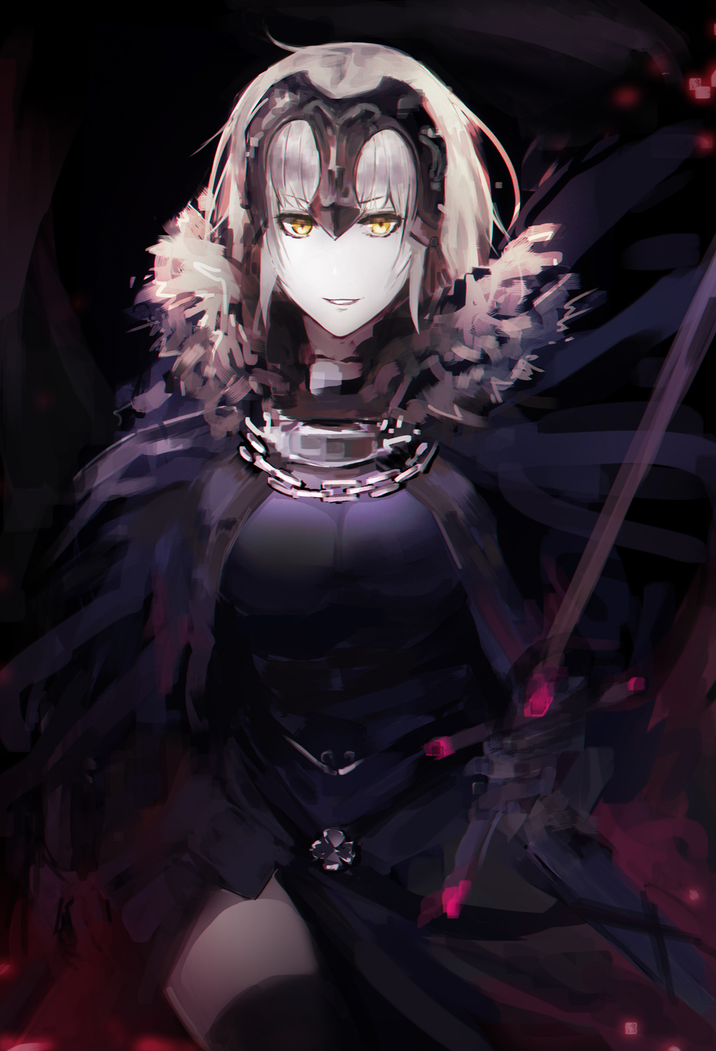 1girl black_dress black_gloves black_legwear breasts dress eyebrows_visible_through_hair fate/grand_order fate_(series) gloves highres holding holding_sword holding_weapon jeanne_d'arc_(alter)_(fate) jeanne_d'arc_(fate)_(all) large_breasts looking_at_viewer mozuyun parted_lips short_hair silver_hair smile solo sword thigh-highs v-shaped_eyebrows weapon yellow_eyes