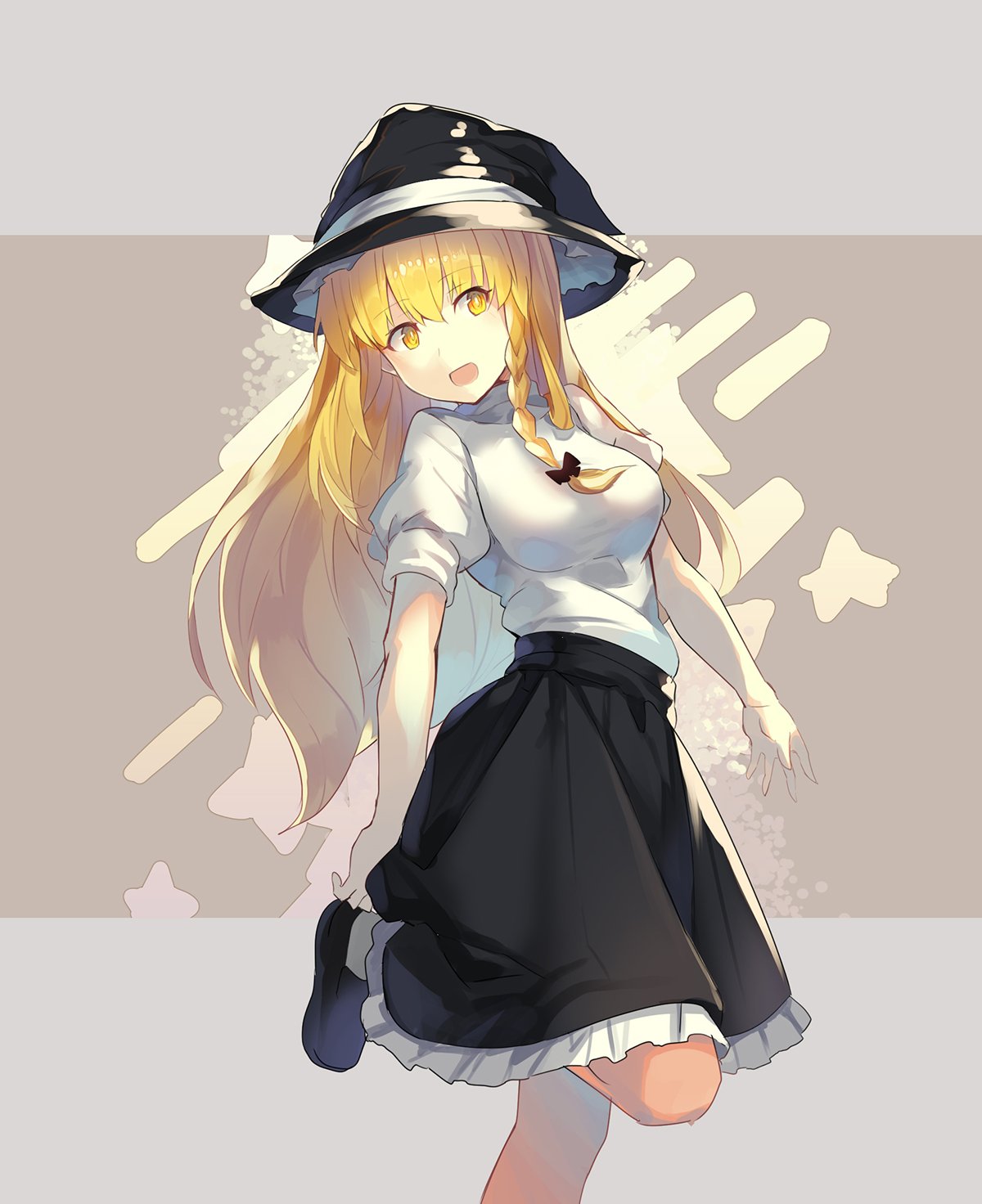 1girl bangs black_bow black_footwear black_hat black_skirt blonde_hair bow braid breasts commentary_request eyebrows_visible_through_hair feet_out_of_frame grey_background hair_between_eyes hair_bow hat highres kirisame_marisa long_hair looking_at_viewer medium_breasts open_mouth petticoat puffy_short_sleeves puffy_sleeves rin_falcon shirt shoes short_sleeves single_braid skirt smile solo standing standing_on_one_leg star touhou two-tone_background very_long_hair white_legwear white_shirt witch_hat yellow_eyes