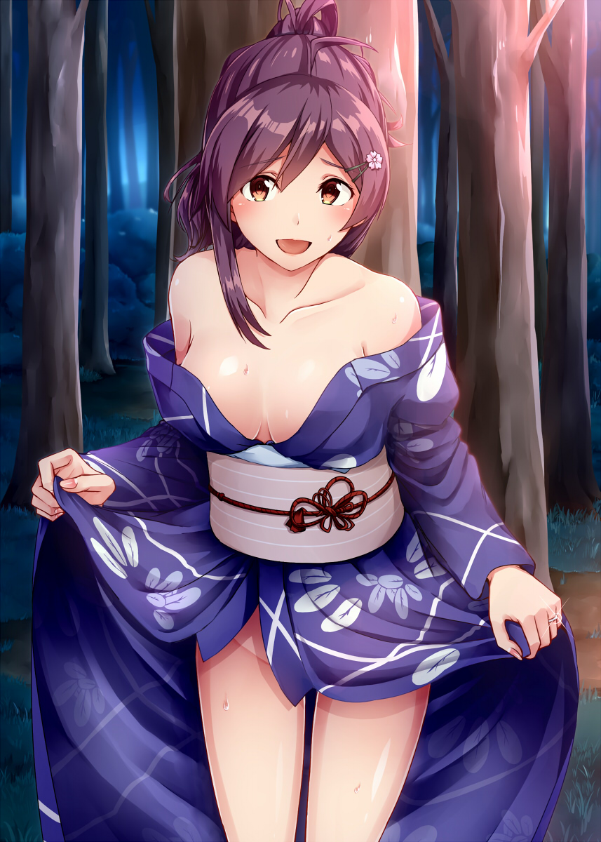 1girl alternate_costume breasts brown_eyes collarbone fingernails groin hagikaze_(kantai_collection) hair_ornament hairclip highres japanese_clothes jewelry kamelie kantai_collection kimono long_hair long_sleeves medium_breasts obi open_mouth print_kimono purple_hair ring sash solo tree wedding_band wide_sleeves yukata