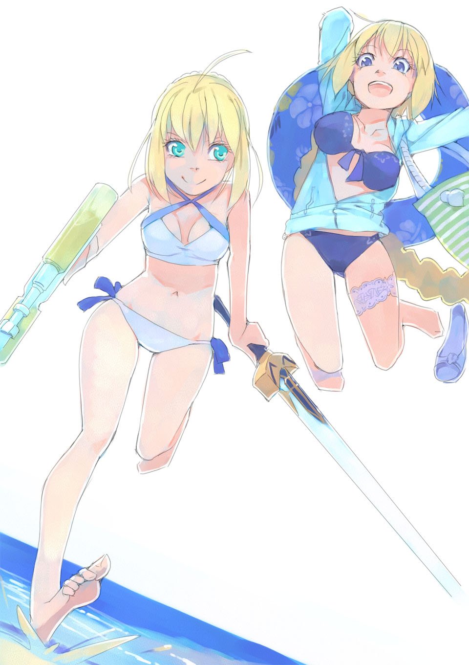 2girls :d ahoge akinbo_(hyouka_fuyou) aqua_eyes arms_up artoria_pendragon_(all) artoria_pendragon_(swimsuit_archer) barefoot bikini blonde_hair blue_bikini blue_eyes blue_jacket bouncing_breasts braid braided_bun braided_ponytail breasts cleavage collarbone dutch_angle excalibur fate/grand_order fate_(series) gun halterneck hibiscus_print highres holding holding_gun holding_sword holding_weapon innertube jacket jeanne_d'arc_(fate)_(all) jeanne_d'arc_(swimsuit_archer) leg_up long_hair long_sleeves looking_to_the_side medium_breasts multiple_girls ocean open_clothes open_jacket open_mouth short_hair simple_background single_braid sketch smile soles swimsuit sword thigh_strap very_long_hair water_gun weapon white_background white_bikini