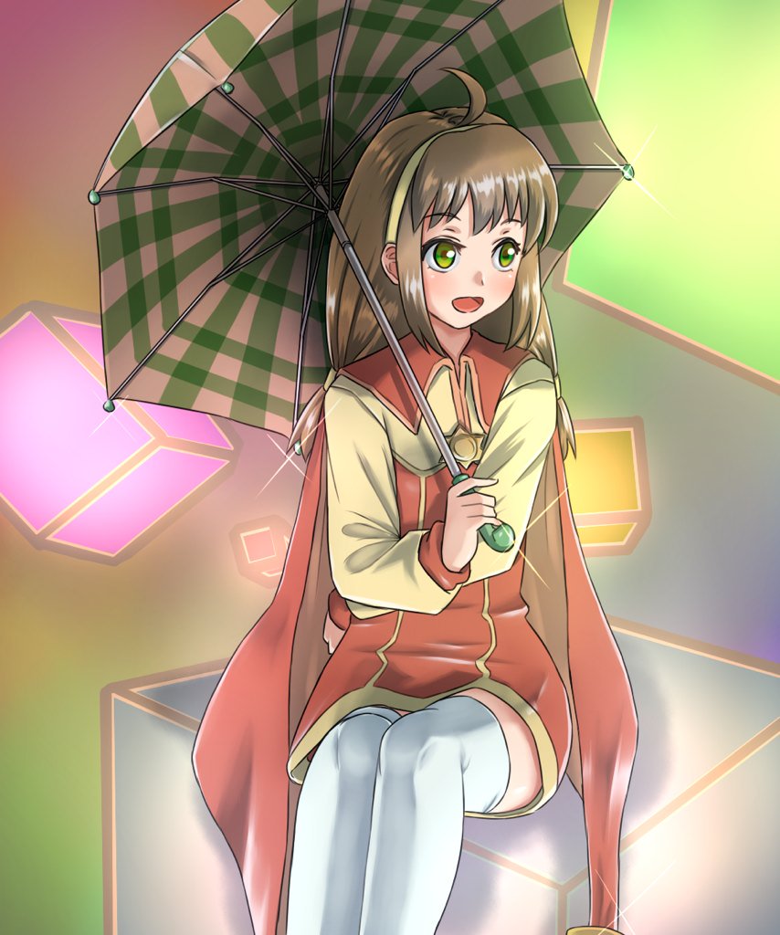 1girl ahoge breasts brown_hair cape coat commentary_request cube dress flower full_body green_eyes hair_ornament hairband holding holding_umbrella lilka_eleniak long_hair long_sleeves looking_at_viewer low-tied_long_hair natsuki_chinatsu open_mouth plaid plaid_umbrella sidelocks skirt small_breasts smile solo thigh-highs twintails umbrella white_legwear wild_arms wild_arms_2 yellow_hairband