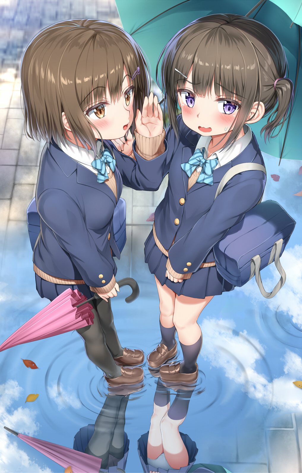 2girls bag bangs black_legwear blue_skirt blue_sky blush bow bowtie breasts buttons clouds commentary_request crotch_seam day eyebrows_visible_through_hair full_body hair_between_eyes hair_ornament hairband hairclip highres holding leaf light_brown_eyes long_hair long_sleeves looking_at_viewer multiple_girls nedia_(nedia_region) one_side_up open_mouth original outdoors panties pantyhose pleated_skirt reflection school_bag school_uniform serafuku shoes short_hair skirt sky small_breasts smile socks standing sweatdrop umbrella underwear violet_eyes water whispering white_panties