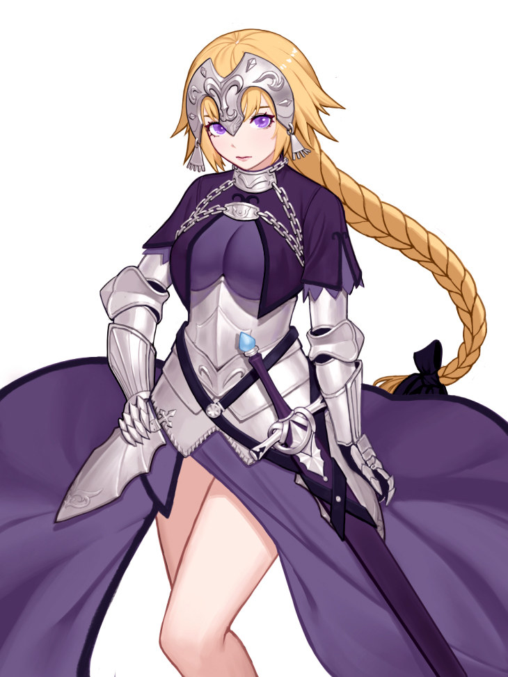 1girl armor armored_dress black_bow blonde_hair bow braid braided_ponytail breasts chains dress fate/apocrypha fate_(series) faulds floating_hair gauntlets hair_bow hand_on_hip headpiece jeanne_d'arc_(fate) jeanne_d'arc_(fate)_(all) large_breasts long_dress long_hair looking_at_viewer no_legwear purple_dress sheath sheathed shiny shiny_hair simple_background single_braid siun solo standing sword very_long_hair violet_eyes weapon white_background