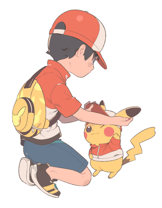 1boy backpack bag baseball_cap black_hair blue_shorts creatures_(company) game_freak gen_1_pokemon hat jacket kakeru_(pokemon) kneeling male_focus maruco nintendo pikachu pokemon pokemon_(creature) pokemon_(game) pokemon_lgpe shoes short_sleeves shorta shorts simple_background sneakers white_background