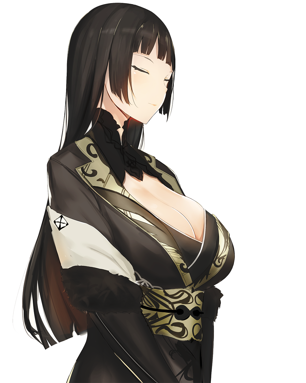 112san 1girl bangs black_hair black_kimono blunt_bangs breasts cleavage closed_eyes final_fantasy final_fantasy_xv gentiana highres hime_cut japanese_clothes kimono large_breasts long_hair obi sash simple_background solo upper_body white_background