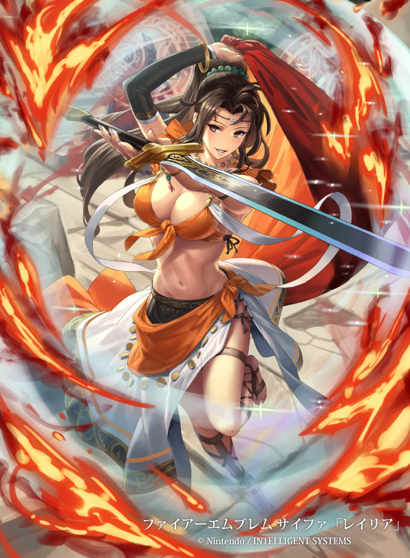 1girl arm_over_head breasts brown_hair character_request commentary_request cross-laced_footwear cuboon elbow_sleeve fire_emblem fire_emblem:_seisen_no_keifu fire_emblem_cipher headband holding holding_sword holding_weapon large_breasts navel nintendo official_art ponytail sarong shirt skirt sword thigh_strap tied_shirt weapon white_skirt