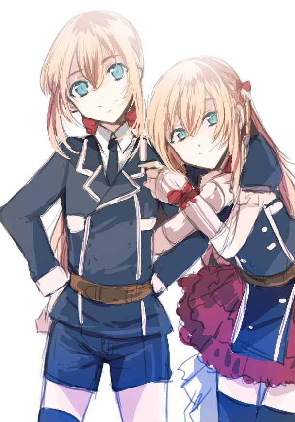 1boy 1girl blonde_hair blue_eyes commentary cowboy_shot dual_persona genderswap genderswap_(mtf) hands_on_hips kiwame_(touken_ranbu) locked_arms long_hair looking_at_viewer midare_toushirou military military_uniform necktie otoko_no_ko reverse_trap shorts simple_background smile touken_ranbu ui_(majiwi) uniform white_background