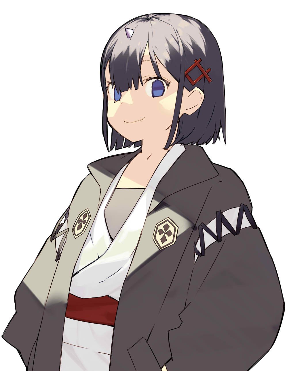 1girl bangs closed_mouth commentary_request fangs fangs_out grey_hair hair_ornament hands_in_pockets haori highres horn japanese_clothes long_sleeves looking_at_viewer misoni_comi original sash short_hair simple_background smile solo upper_body violet_eyes white_background