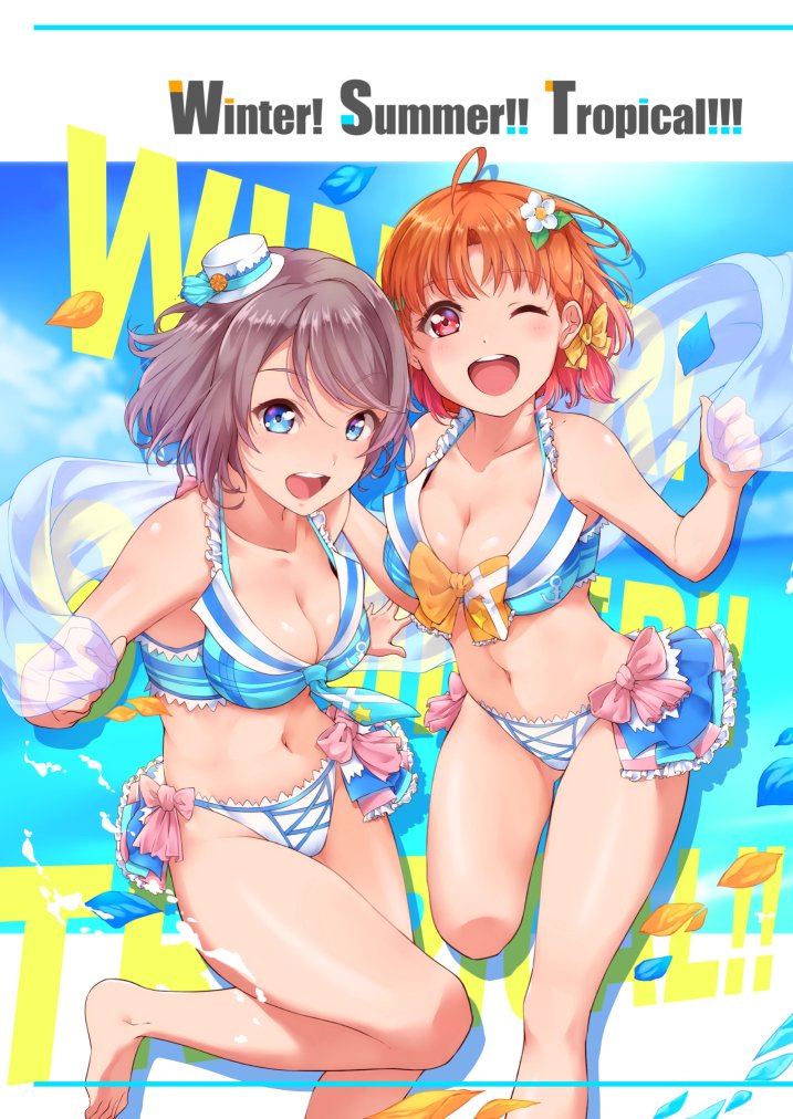 2girls adapted_costume ahoge barefoot bikini blue_bikini blue_eyes blue_sky braid breasts cleavage clouds clover_hair_ornament collarbone commentary_request cowboy_shot feet_out_of_frame front-tie_top grey_hair hair_ornament hat holding_cloth kanabun looking_at_viewer love_live! love_live!_sunshine!! medium_breasts mini_hat mini_top_hat multiple_girls navel one_eye_closed open_mouth orange_hair red_eyes ribbon short_hair side_braid sky smile striped striped_bikini swimsuit takami_chika top_hat upper_teeth watanabe_you wavy_hair yellow_ribbon
