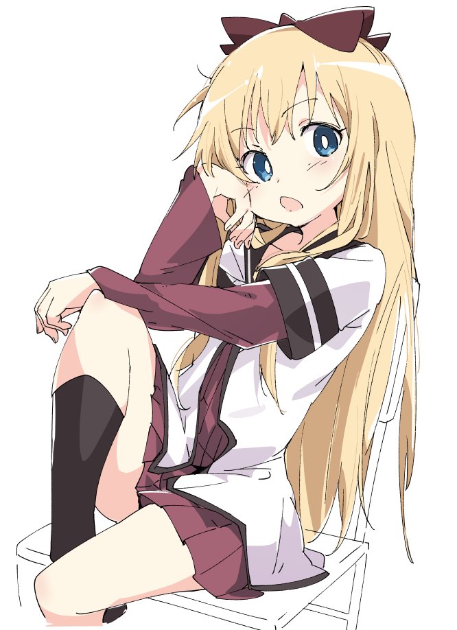 1girl blonde_hair blue_eyes chair eyebrows_visible_through_hair hand_on_own_cheek hand_on_own_face ixy long_hair long_sleeves looking_at_viewer nanamori_school_uniform open_mouth school_uniform simple_background sitting solo toshinou_kyouko white_background yuru_yuri