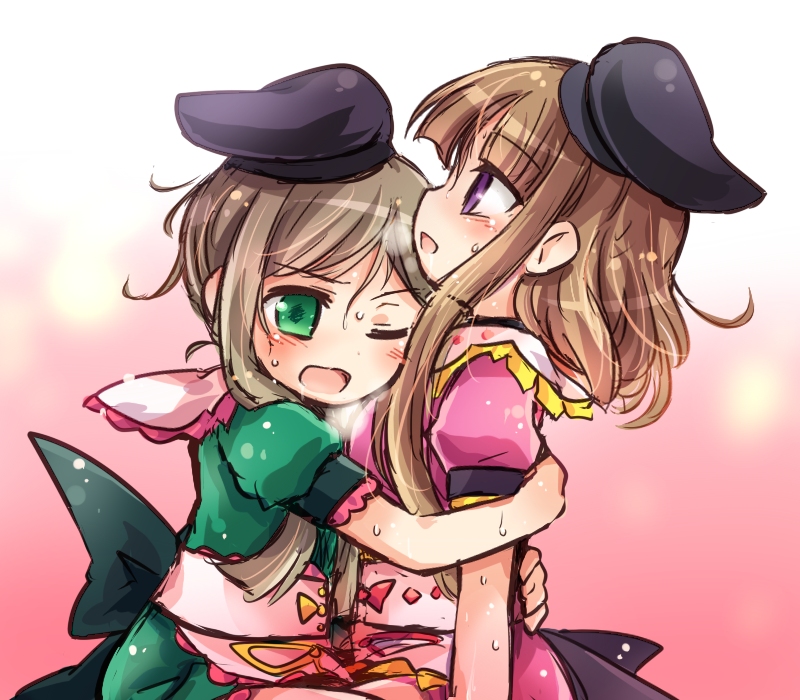 2girls apron bangs black_hat blunt_bangs blush brown_hair commentary_request dress eyebrows_visible_through_hair gradient gradient_background green_dress green_eyes hat hug looking_up multiple_girls nishida_satono one_eye_closed open_mouth pink_background pink_dress pote_(ptkan) puffy_short_sleeves puffy_sleeves short_hair_with_long_locks short_sleeves sketch sweat tears teireida_mai touhou violet_eyes