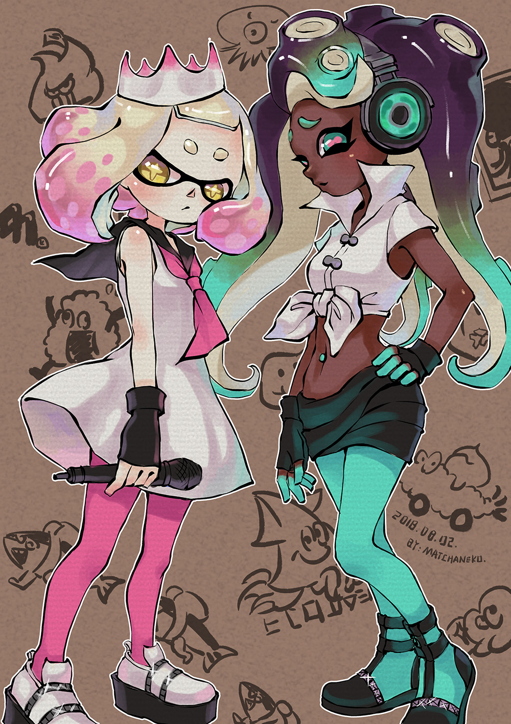 +_+ 2girls black_shorts cephalopod_eyes cropped_vest crown dark_skin domino_mask green_legwear hand_on_hip headphones highres hime_(splatoon) iida_(splatoon) makeup mascara mask matchaneko microphone mole mole_under_mouth multicolored multicolored_skin multiple_girls navel_piercing octarian pantyhose pantyhose_under_shorts piercing pink_legwear pink_pupils shorts skirt splatoon splatoon_(series) splatoon_2 suction_cups tentacle_hair zipper zipper_pull_tab