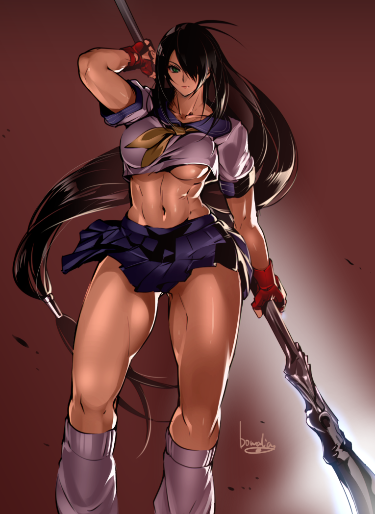 1girl abs artist_name black_hair blue_skirt bowalia breasts fingerless_gloves gloves hair_over_one_eye holding holding_weapon ikkitousen kan'u_unchou large_breasts long_hair low-tied_long_hair muscle muscular_female navel pleated_skirt polearm shirt signature skirt solo tied_hair under_boob very_long_hair weapon white_legwear white_shirt