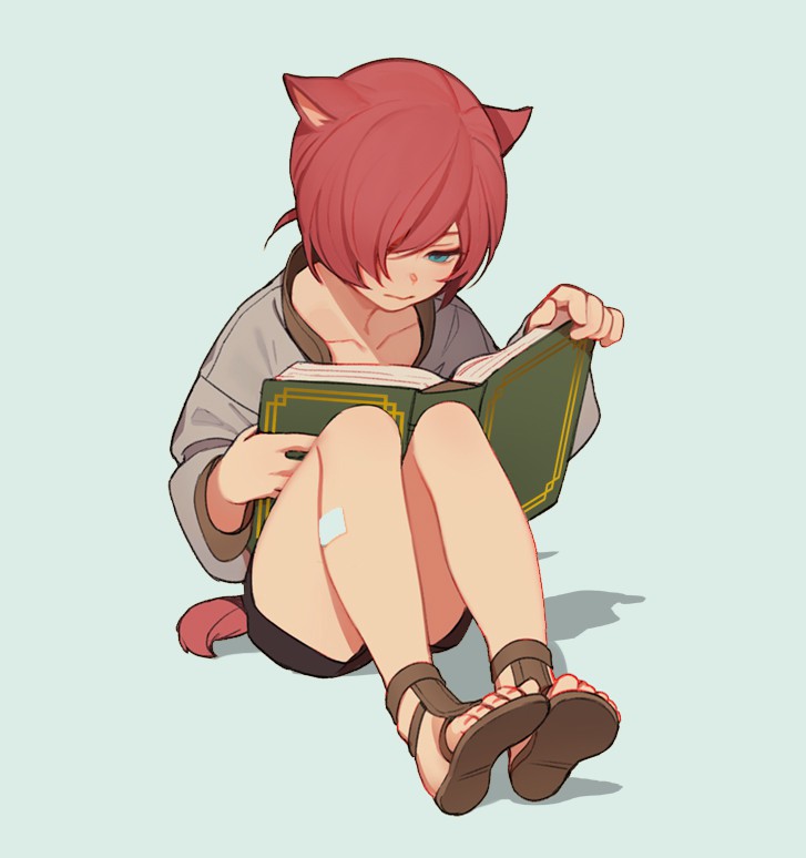 1boy animal_ears bandaid bandaid_on_leg black_shorts blue_eyes book cat_ears cat_tail child collarbone ffxivys final_fantasy final_fantasy_xiv g'raha_tia grey_shirt hair_over_one_eye hands_up holding holding_book long_sleeves looking_away male_focus miqo'te one_eye_covered open_book reading redhead sandals shadow shirt shoe_soles short_hair shorts simple_background sitting solo tail