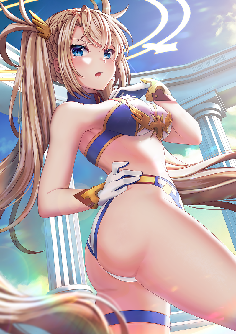 1girl adapted_costume ass bangs blonde_hair blue_eyes blue_sky blurry blurry_foreground blush bradamante_(fate/grand_order) braid breasts clouds commentary_request cowboy_shot day depth_of_field fate/grand_order fate_(series) french_braid from_behind gloves hair_between_eyes hair_ribbon halo large_breasts light_brown_hair long_hair looking_at_viewer looking_back midriff navel open_mouth outdoors parted_lips pillar ribbon saruei sidelocks sky solo stomach thigh_strap thighs twintails twisted_torso very_long_hair white_gloves