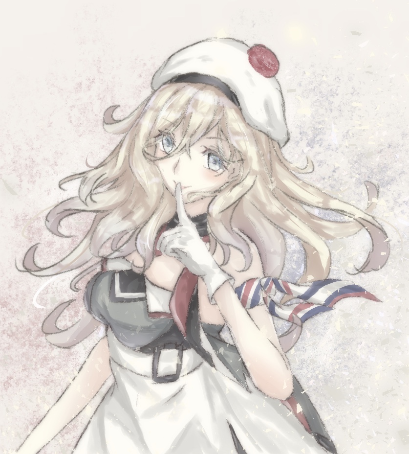 1girl armband belt beret blonde_hair blue_eyes dress finger_to_mouth gloves hair_between_eyes hat kantai_collection long_hair looking_at_viewer multicolored multicolored_clothes multicolored_dress multicolored_legwear multicolored_scarf pom_pom_(clothes) richelieu_(kantai_collection) sa-ya2 scarf solo strapless strapless_dress traditional_media white_gloves white_hat