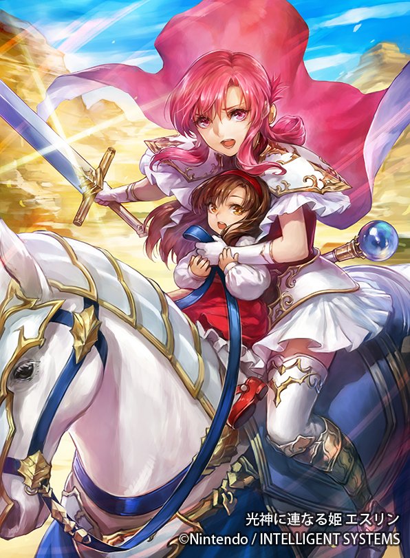 2girls animal armor armored_boots boots brown_eyes brown_hair cape child company_name copyright_name day dress ethlin_(fire_emblem) fire_emblem fire_emblem:_seisen_no_keifu fire_emblem_cipher fire_emblem_heroes gloves hairband holding holding_sword holding_weapon horse horseback_riding long_hair looking_at_viewer multiple_girls nintendo official_art open_mouth outdoors pantyhose pink_eyes pink_hair riding shiny shiny_hair short_dress shoulder_armor sidelocks skirt sword thigh-highs uroko_(mnr) weapon white_gloves white_skirt zettai_ryouiki