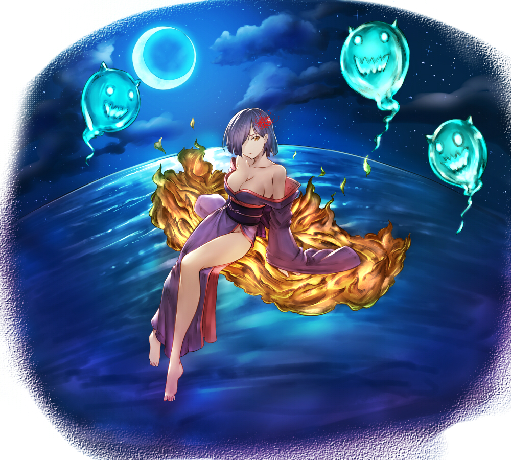 1girl barefoot breasts brown_eyes cleavage collarbone full_body hair_ornament hair_over_one_eye japanese_clothes kimono kometukimushi looking_at_viewer medium_breasts moon night no_panties off_shoulder original outdoors purple_hair purple_kimono short_hair sky soles solo star_(sky) starry_sky