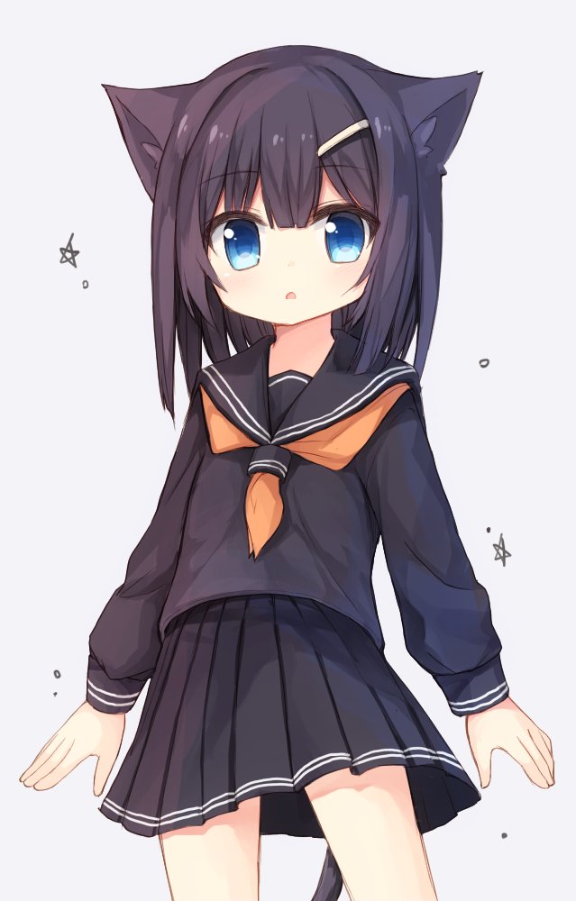 1girl :o animal_ear_fluff animal_ears bangs black_sailor_collar black_serafuku black_shirt black_skirt blue_eyes brown_hair cat_ears cat_girl cat_tail eyebrows_visible_through_hair grey_background hair_between_eyes hair_ornament hairclip long_hair long_sleeves looking_at_viewer orange_neckwear original parted_lips pleated_skirt sailor_collar school_uniform serafuku shirt skirt solo star tail yuuhagi_(amaretto-no-natsu)