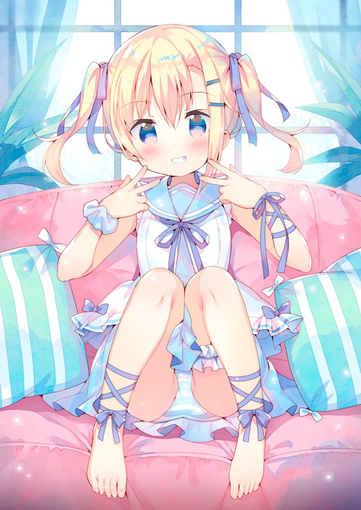 1girl bangs barefoot blonde_hair blue_dress blue_eyes blue_sailor_collar blush commentary_request couch curtains double_v dress eyebrows_visible_through_hair fingernails full_body grin hair_between_eyes hair_ornament hair_ribbon hairclip hands_up head_tilt indoors long_hair meito_(maze) on_couch original panties purple_ribbon ribbon sailor_collar shirt sidelocks sitting smile solo striped striped_panties striped_pillow toenails twintails underwear v white_shirt window