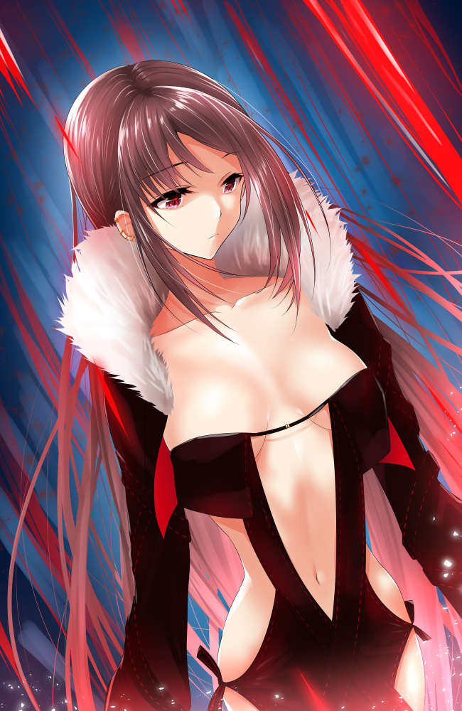 1girl bangs breasts brown_dress brown_hair brown_jacket collarbone commentary_request consort_yu_(fate) dress dutch_angle eyebrows_visible_through_hair fate/grand_order fate_(series) fur-trimmed_jacket fur_trim jacket long_hair long_sleeves looking_away looking_down looking_to_the_side medium_breasts navel red_eyes ribbon-trimmed_dress ribbon_trim sasakuma_kyouta solo strapless strapless_dress very_long_hair