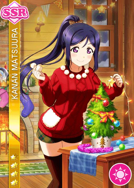 blue_hair blush character_name christmas dress long_hair love_live!_school_idol_festival love_live!_sunshine!! matsuura_kanan ponytail smile violet_eyes