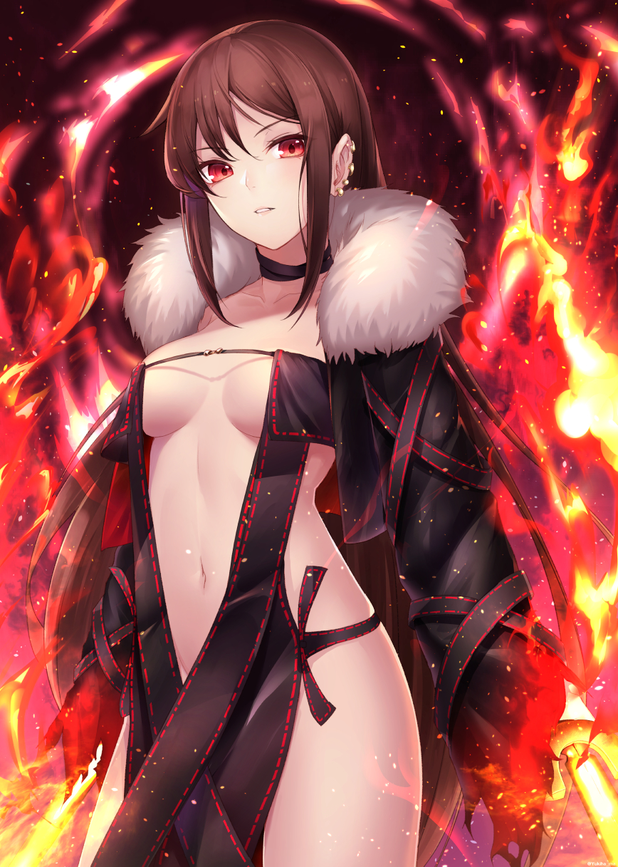 1girl bangs black_choker black_dress black_jacket breasts brown_hair burning choker collarbone consort_yu_(fate) cropped_jacket dress ear_piercing eyebrows_visible_through_hair fate/grand_order fate_(series) fire fur-trimmed_jacket fur_trim hair_between_eyes head_tilt highres holding holding_sword holding_weapon jacket long_hair long_sleeves looking_at_viewer medium_breasts navel parted_lips piercing red_eyes ribbon-trimmed_dress sidelocks solo strapless strapless_dress sword torn_clothes torn_sleeves very_long_hair weapon yukihama