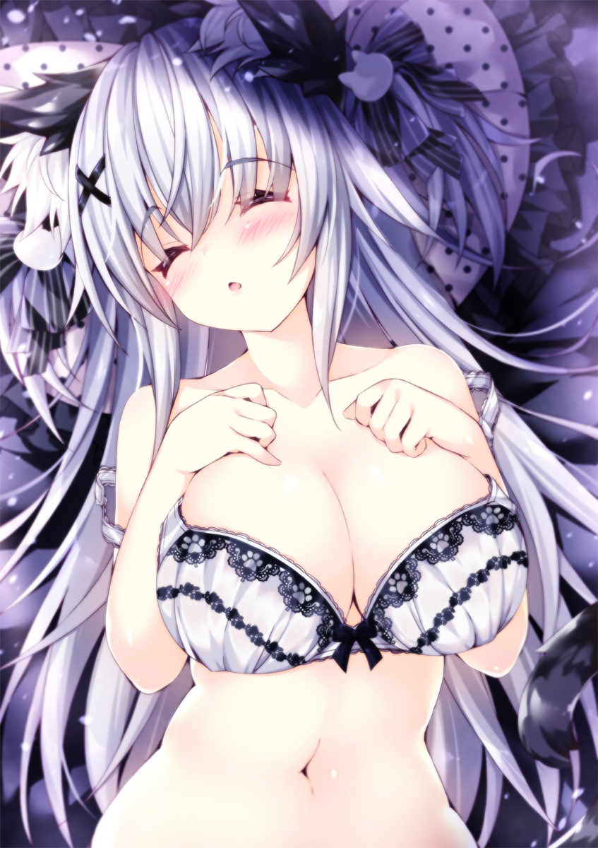 1girl animal_ears bangs black_bow blush bow bra breasts cat_ears cat_hair_ornament cleavage closed_eyes collarbone commentary_request eyebrows_visible_through_hair hair_between_eyes hair_bow hair_ornament hands_up highres large_breasts long_hair lying navel on_back ooji_cha original oziko_(ooji_cha) parted_lips silver_hair sleeping solo striped striped_bow two_side_up underwear upper_body very_long_hair white_bra x_hair_ornament