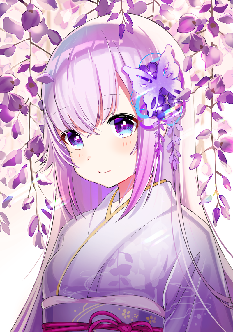 .live 1girl bangs blush breasts closed_mouth commentary_request eyebrows_visible_through_hair floral_print flower hair_between_eyes hair_flower hair_ornament japanese_clothes kimono long_hair long_sleeves looking_at_viewer medium_breasts motsunuki obi purple_hair sash smile solo violet_eyes wide_sleeves
