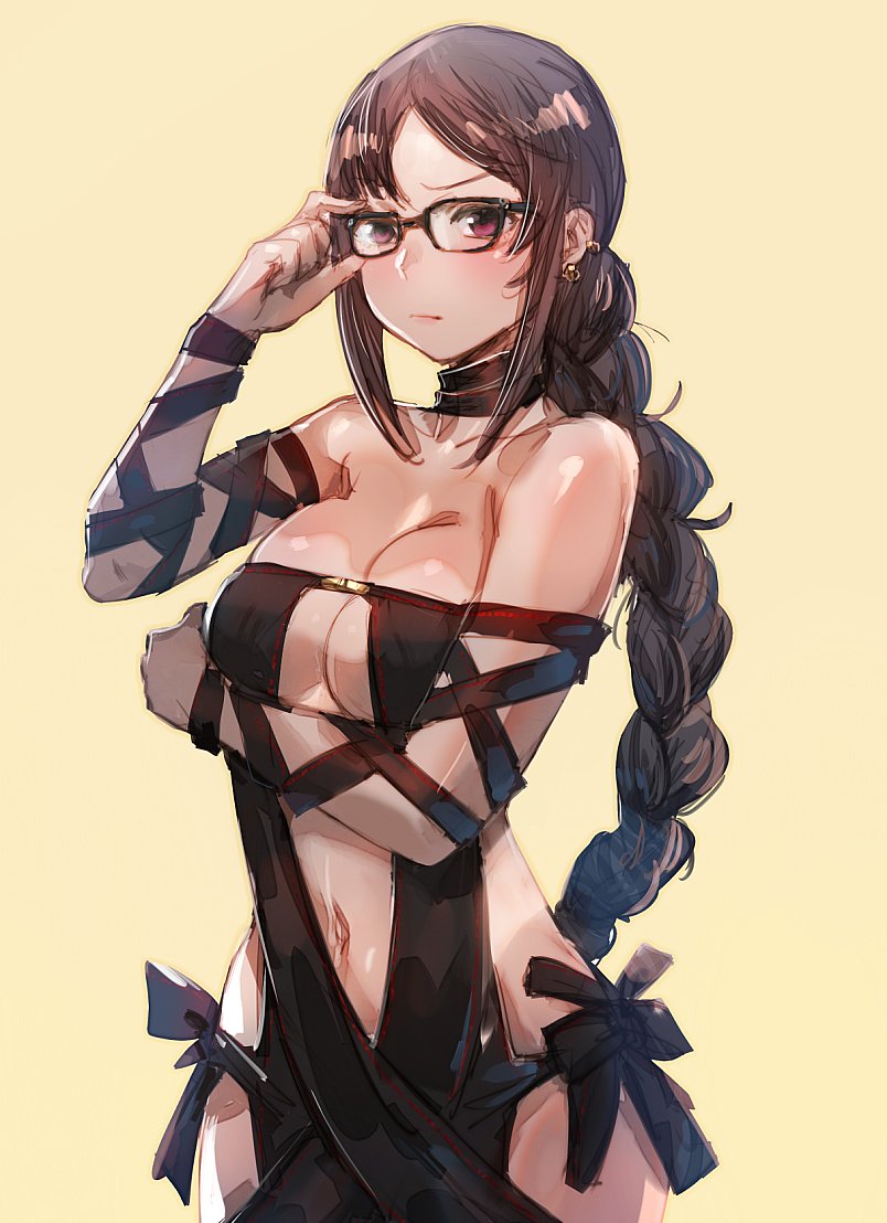 1girl arm_under_breasts bangs black_dress blush bow_(bhp) braid breasts brown_hair center_opening choker cleavage closed_mouth collarbone commentary_request consort_yu_(fate) dress earrings fate/grand_order fate_(series) glasses holding holding_eyewear jewelry long_hair looking_at_viewer medium_breasts navel red_eyes sidelocks single_braid solo