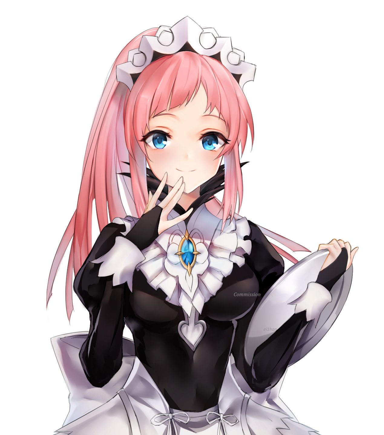 1girl blue_eyes bridal_gauntlets closed_mouth commission ei1han felicia_(fire_emblem_if) fire_emblem fire_emblem_if gem highres holding holding_plate long_hair maid maid_headdress nintendo pink_hair plate ponytail simple_background smile solo upper_body white_background