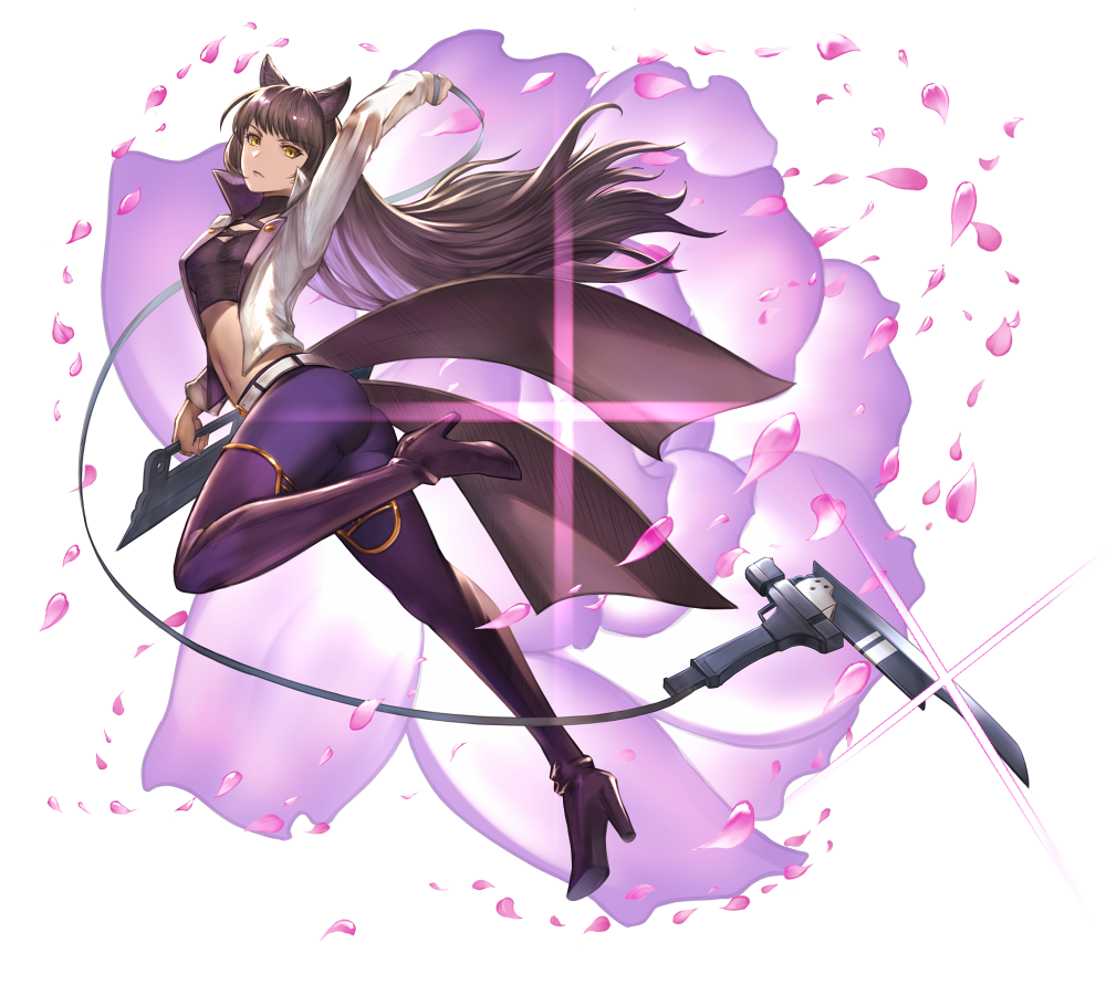 1girl animal_ears arm_up belt blake_belladonna boots brown_hair cat_ears crop_top floating_hair holding holding_weapon jacket kometukimushi long_hair long_sleeves looking_at_viewer midriff navel open_clothes open_jacket pants petals purple_footwear purple_pants rwby solo stomach thigh-highs thigh_boots very_long_hair weapon white_background white_jacket yellow_eyes