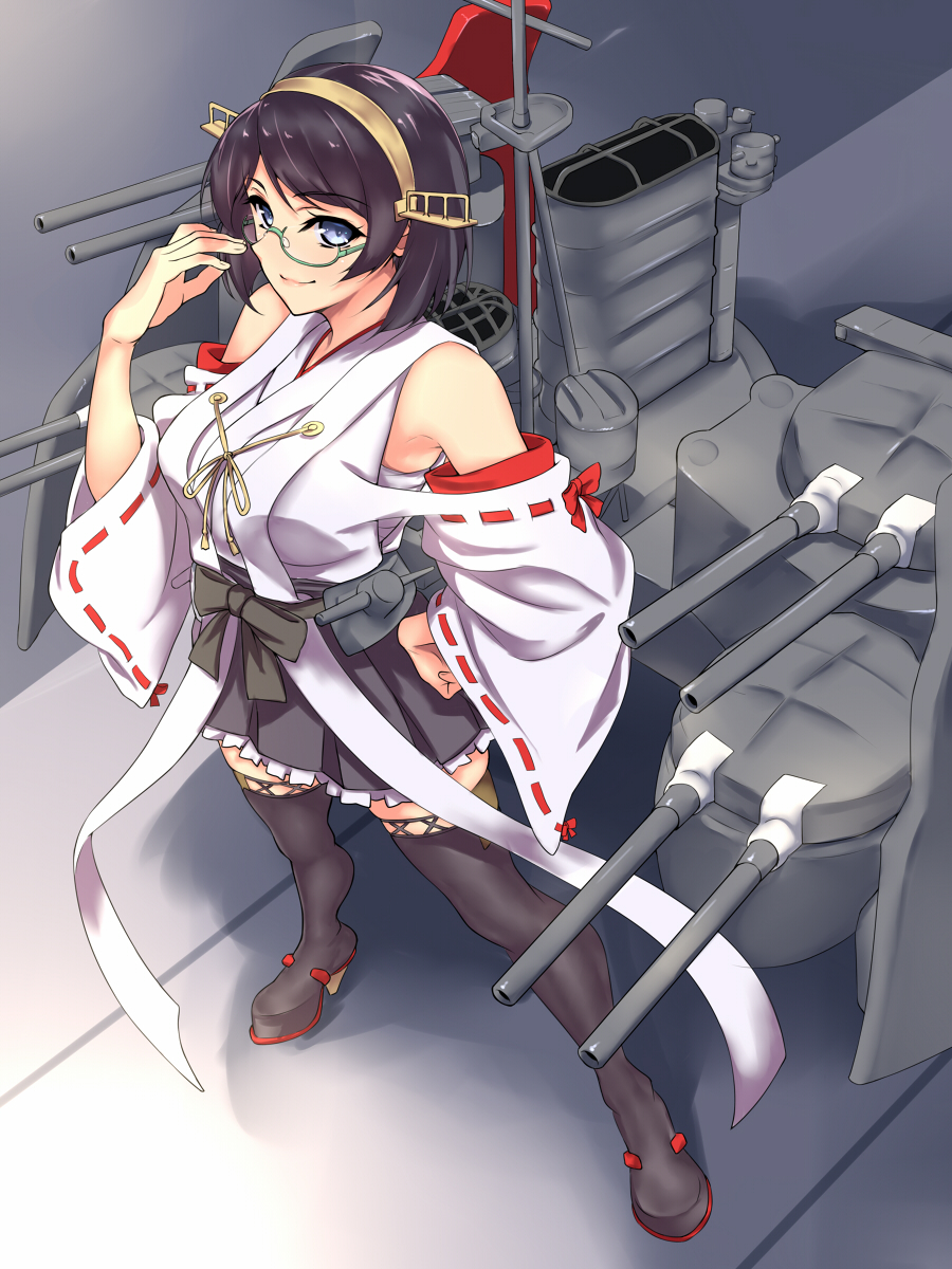 1girl black_bow black_hair blush boots bow breasts closed_mouth detached_sleeves eyebrows_visible_through_hair full_body glasses gradient gradient_background green-framed_eyewear gun hairband headgear highres japanese_clothes kantai_collection kirishima_(kantai_collection) large_breasts looking_at_viewer looking_up machinery remodel_(kantai_collection) ribbon-trimmed_sleeves ribbon_trim shingyo short_hair skirt smile solo standing thigh-highs thigh_boots turret weapon