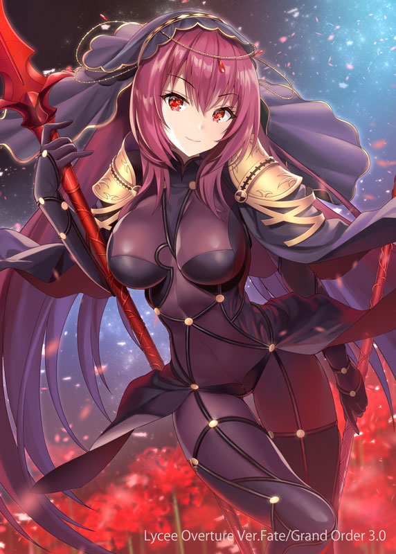 1girl bangs bodysuit breasts brown_bodysuit closed_mouth commentary_request eyebrows_visible_through_hair fate/grand_order fate_(series) flower hair_between_eyes hand_up head_tilt holding holding_lance kagachi_saku lance large_breasts polearm red_eyes red_flower redhead scathach_(fate)_(all) scathach_(fate/grand_order) smile solo spider_lily thigh_gap veil weapon